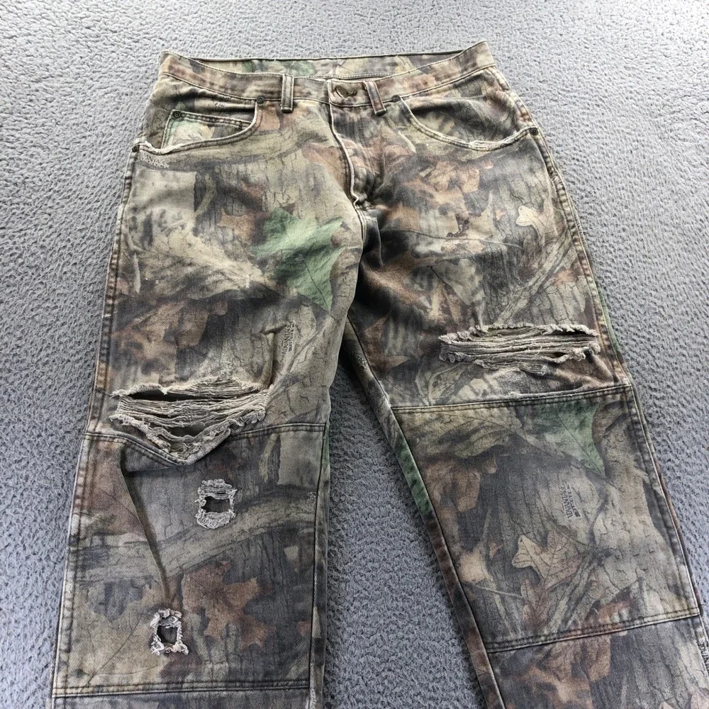 Wrangler Jeans Mens 32x28 Green Camouflage Double Knee Distressed Thrashed
